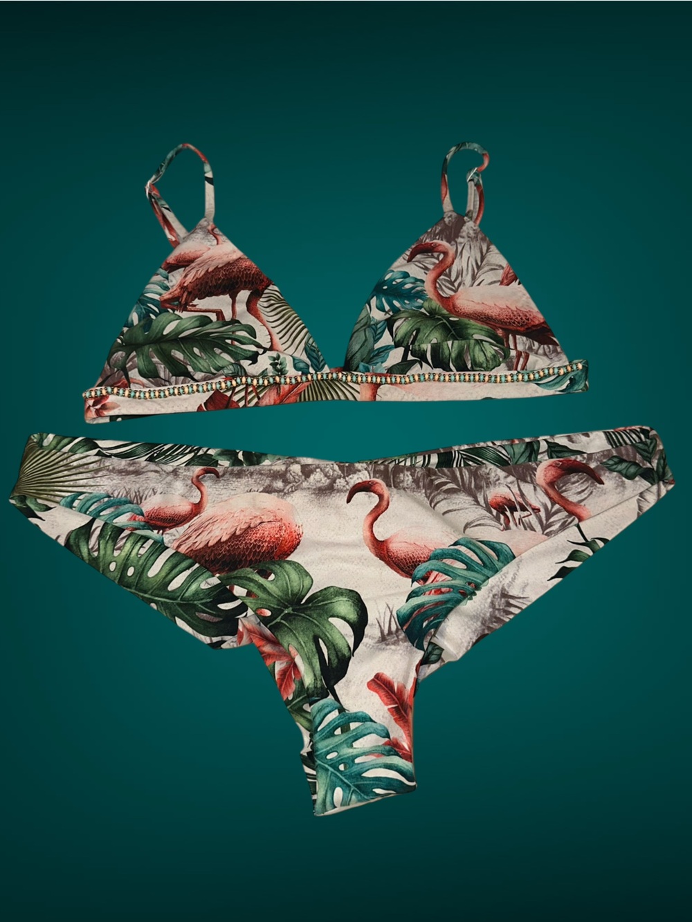 Rare Agua Bendita Tropical Flamingo Bikini - Pink, Green, Cream with Beading